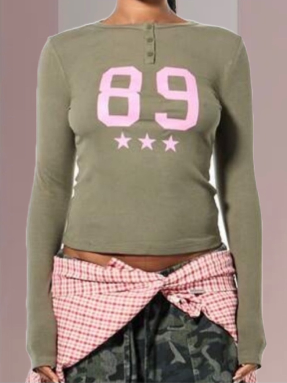 SUMWON Green/Pink Number Henley Long Sleeve Shirt